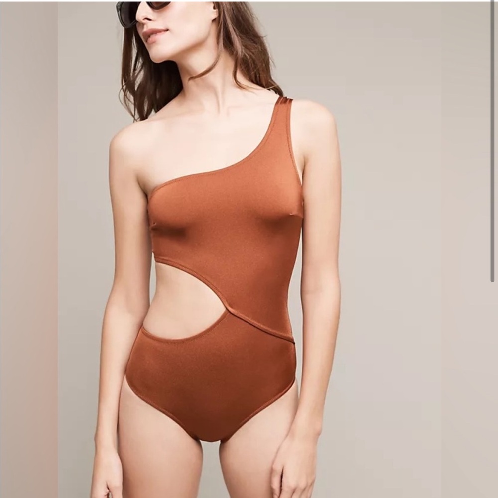 Claudia One-Shoulder Cutout Swimsuit in Rust Copper Bronze